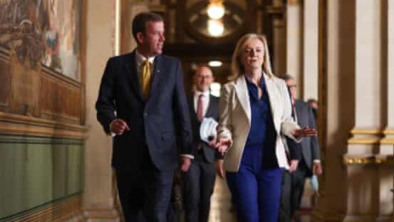 Liz Truss and Dan Tehan during trade negotiations in London in April. Picture: Simon Dawson/No10 Downing Street