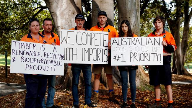 (L-R) Heyfield Timber Mill workers Kim Pettitt, Grant Missan, Doug McDonough, Daniel Stevens, Megan Parameshwaran, Anthony Brown. Picture: Chloe Smith.