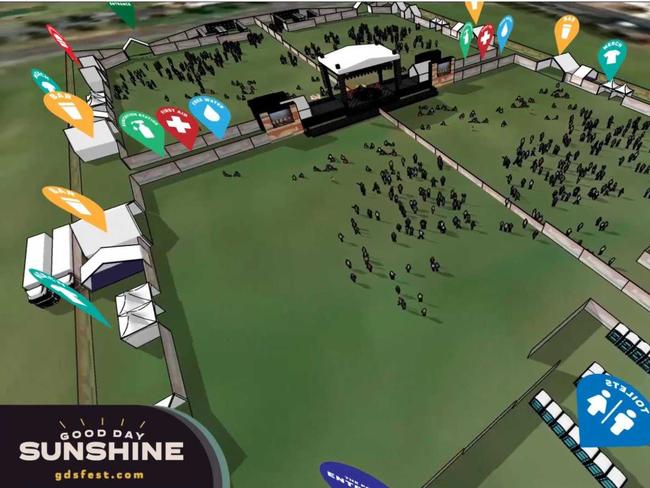 An artist's impression of Good Day Sunshine Festival featuring a unique COVID-safe site layout with a rotating ‘turntable stage’ and the crowd split into four groups. Picture: supplied