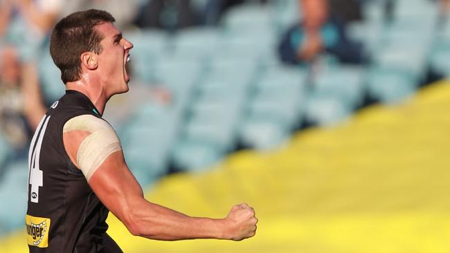 Paul Stewart after kicking the winning goal against North Melbourne. Picture: Tait Schmaal.