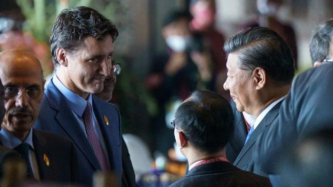 Canadian Prime Minister Justin Trudeau speaks to Chinese President Xi Jinping at the G20 in Bali. Picture: AFP