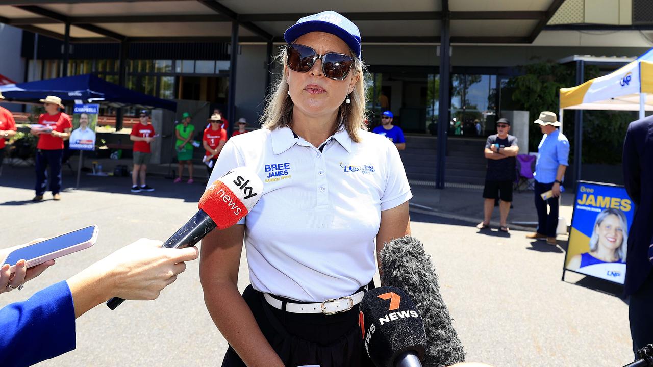 LNP Candidate for Barron River Bree James fields questions at the Tjapukai pre-polling centre in Smithfield. Picture: Adam Head