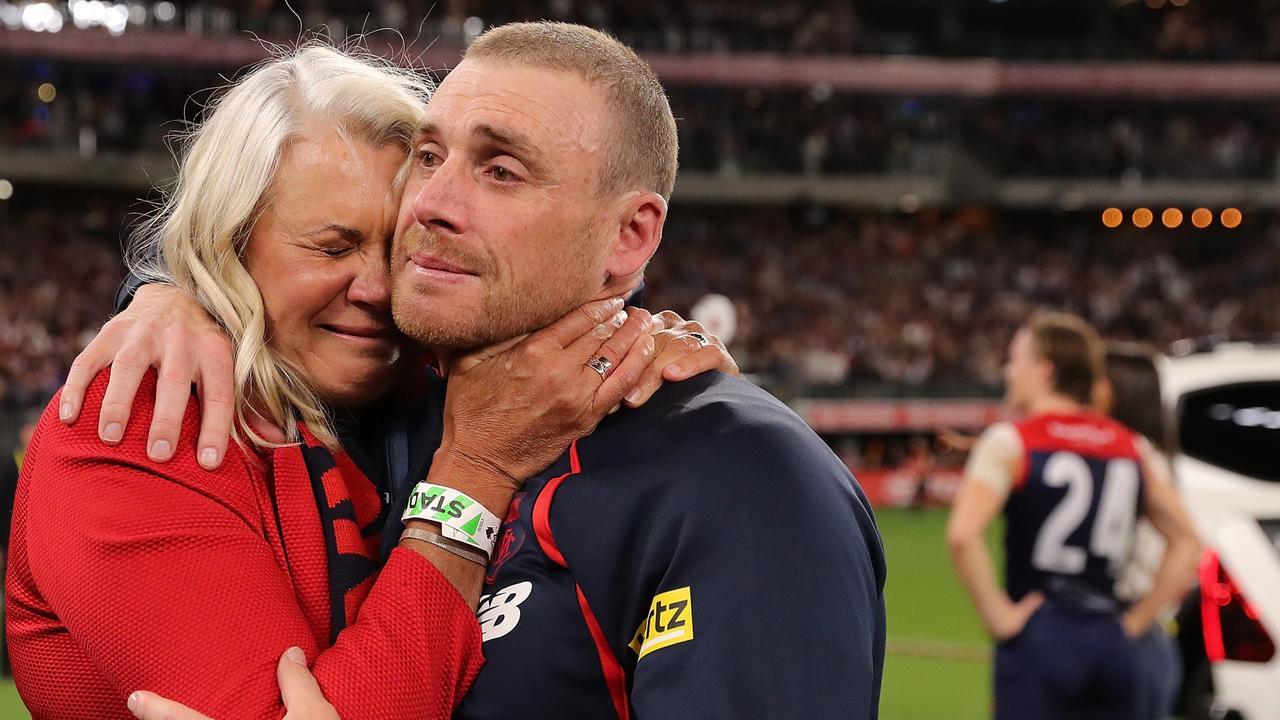 Melbourne president Kate Roffey hugs coach Simon Goodwin after the Demons break a 57-year premiership drought at Perth Stadium.