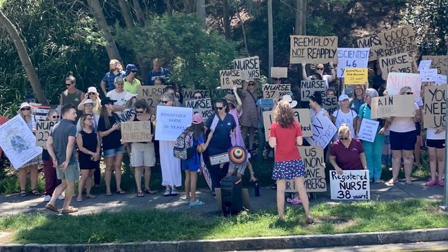 Angry nurses sacked for refusing a Covid vaccine are protesting at the Gold Coast University Hospital.