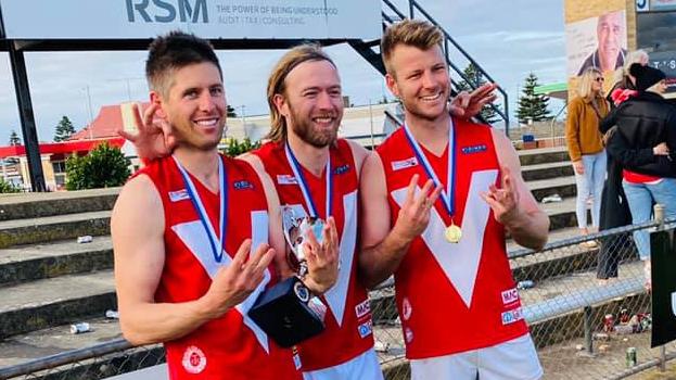 Jace Rodda, Nathan Frost and Ben Daniels now have six premierships under their belt. Picture: Tasman Football Club Facebook page