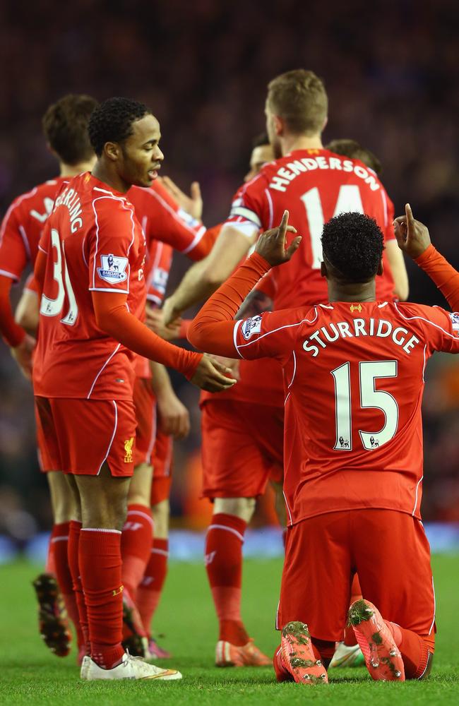 Daniel Sturridge of Liverpool celebrates scoring their second goal.