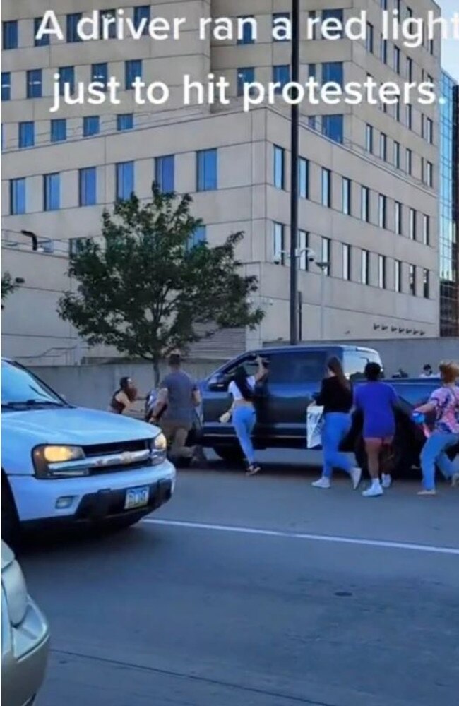 A protester was injured by a truck in Cedar Rapids, Iowa on Friday. Picture: Twitter