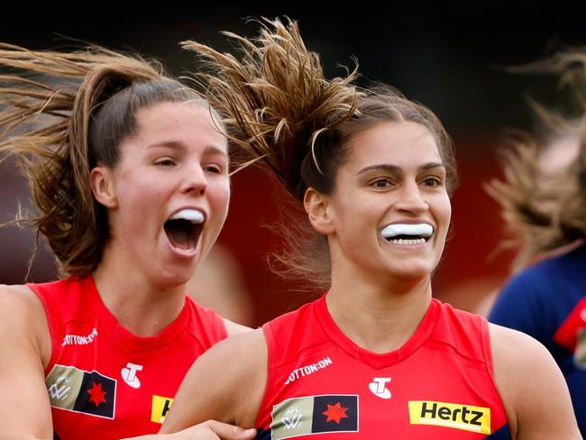 MELBOURNE, AUSTRALIA - OCTOBER 28: Eliza West of the Demons celebrates a goal during the 2023 AFLW Round 09 match between The Melbourne Demons and The Fremantle Dockers at Casey Fields on October 28, 2023 in Melbourne, Australia. (Photo by Dylan Burns/AFL Photos via Getty Images)