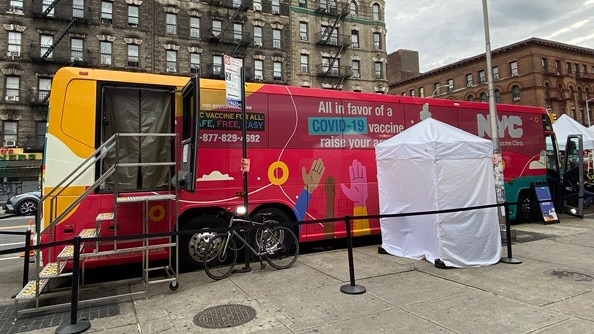 Mobile Covid-19 vaccine clinics set up in New York City where people can line up for the jab they want. Picture: Megan Palin, News Corp Australia.