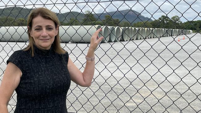 Townsville mayor Jenny Hill shows off the pipes for Stage two of the Haughton Pipeline Project. Picture: Leighton Smith