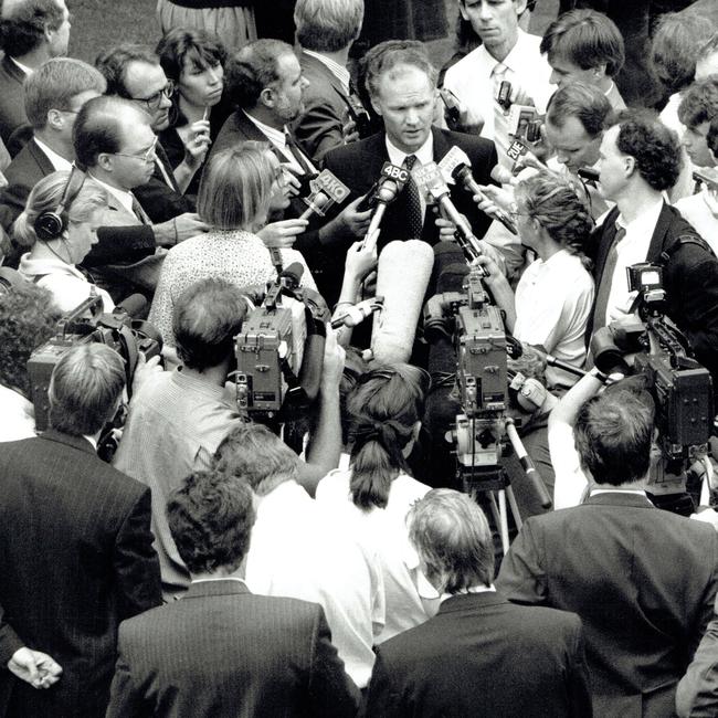 Then Queensland Premier Wayne Goss gives a doorstop press conference at parliament in Brisbane on October 30, 1990. Picture: Anne Livingston.