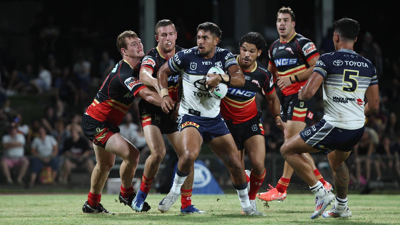 Cowboys'Brenton Baira looks for support but doesn't find any in the National Rugby League (NRL) pre season NRL match between the North Queensland Cowboys and the Dolphins, held at Barlow Park. Picture: Brendan Radke