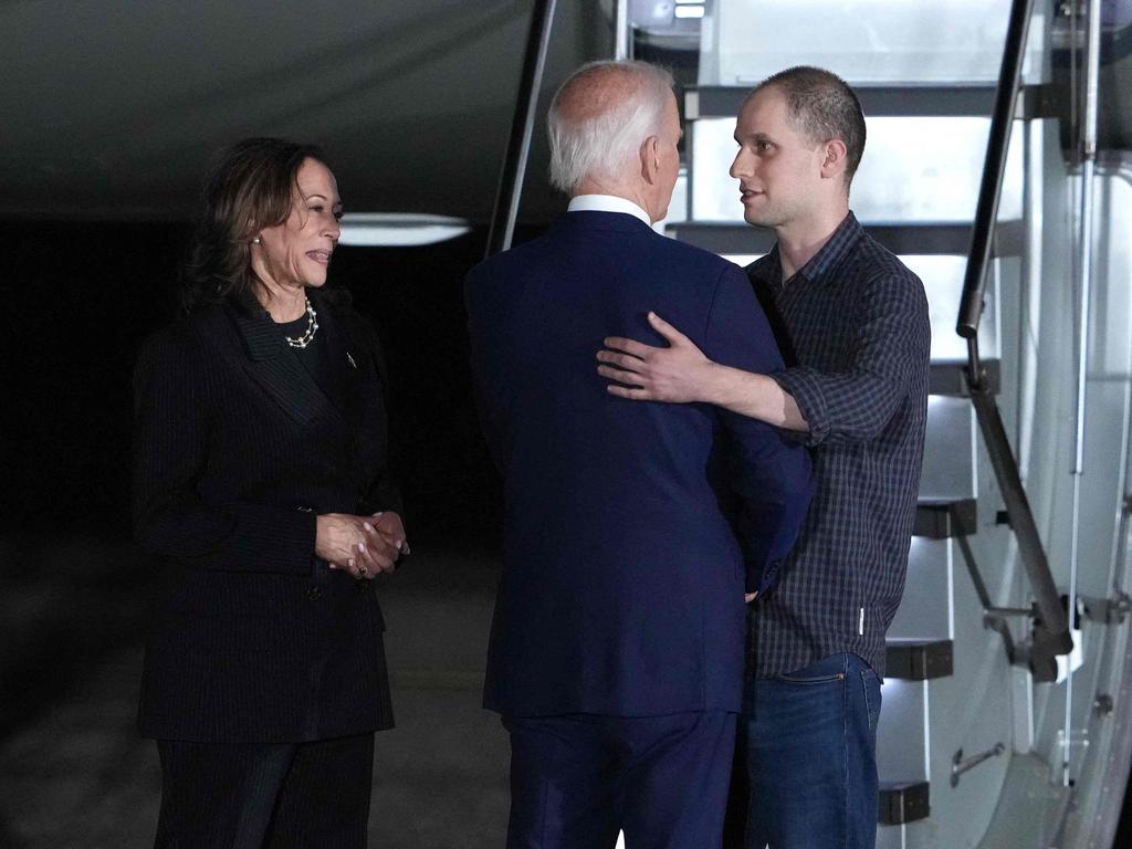 Joe Biden and Kamala Harris greet Evan Gershkovich. Picture: AFP