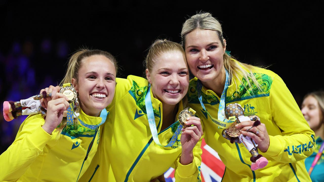 Diamonds Paige Hadley, Kate Moloney and Gretel Bueta pose with their 2022 Commonwealth Games gold medals. Picture: Stephen Pond