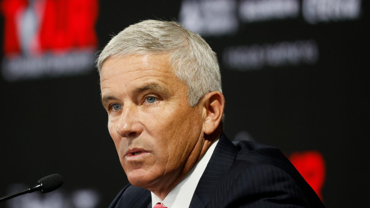 ATLANTA, GEORGIA - AUGUST 24: PGA Tour Commissioner Jay Monahan speaks during a press conference prior to the TOUR Championship at East Lake Golf Club on August 24, 2022 in Atlanta, Georgia. (Photo by Cliff Hawkins/Getty Images)