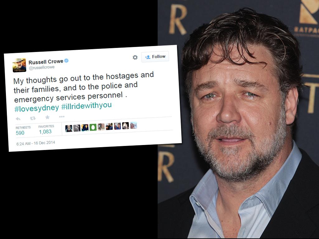 Russell Crowe: “My thoughts go out to the hostages and their families, and to the police and emergency services personnel . #lovesydney #illridewithyou” Picture: Getty