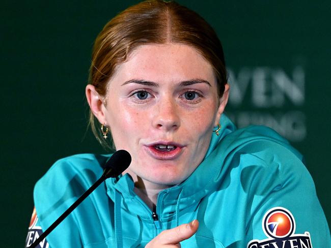 BRISBANE, AUSTRALIA - AUGUST 09: Cortnee Vine speaks after an Australia Matildas training session during the the FIFA Women's World Cup Australia & New Zealand 2023 at Queensland Sport and Athletics Centre on August 09, 2023 in Brisbane, Australia. (Photo by Bradley Kanaris/Getty Images)