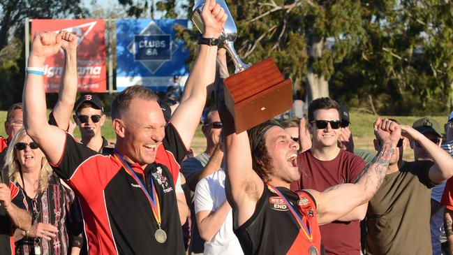 Tea Tree Gully’s Alex McKay (right) celebrates with Maschotta in 2018. Picture: Brenton Edwards