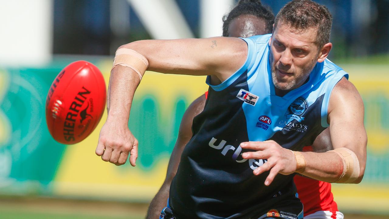 Darryl White, pictured playing for the Darwin Buffaloes, edged closer to 700 senior games in an outing for Pioneer. Picture: Glenn Campbell