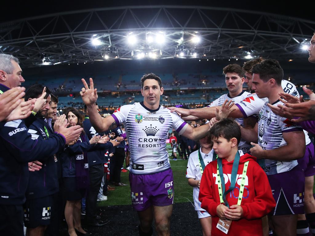 Billy Slater leaves the field for last time during the 2018 NRL Grand Final between the Sydney Roosters and Melbourne Storm at ANZ Stadium. Picture. Phil Hillyard