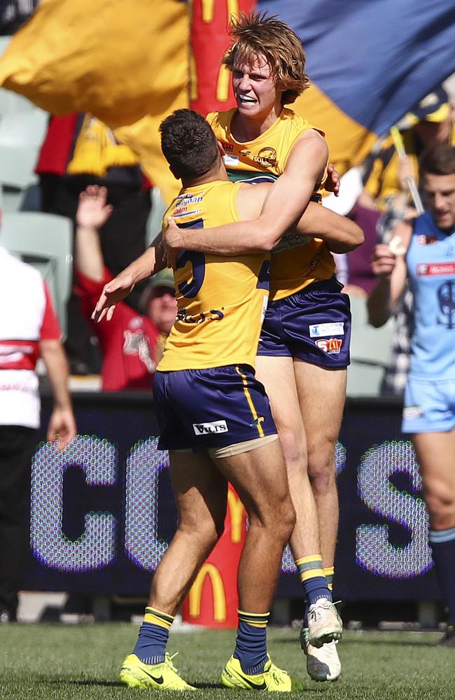 Jack Lukosius celebrates a goal during last year’s finals series with Jared Petrenko. Picture: Sarah Reed