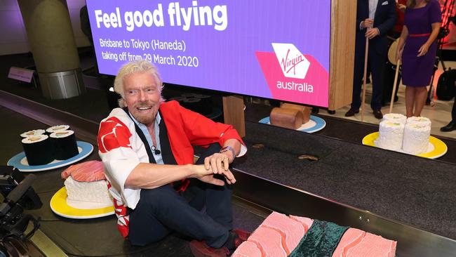 Sir Richard Branson in Brisbane to promote Virgin Australia’s new Tokyo flights, which were ultimately scuttled by COVID-19. Picture: Liam Kidston