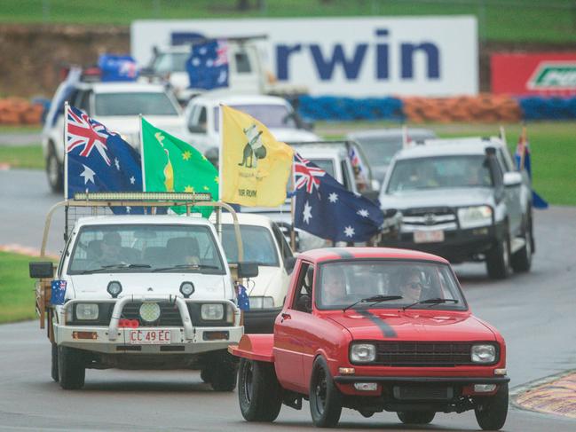 The convoy leaves Darwin Hidden Valley Raceway during Australia Day Ute Run in Darwin. Picture: AAP