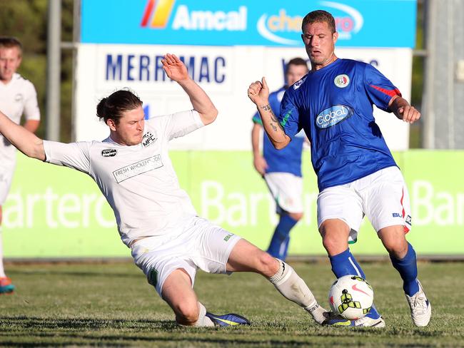 Levi Hilton (right) in action for Merrimac in 2015. Picture: Richard Gosling