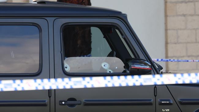 Sam Abdulrahim’s bullet-riddled car. Picture: Brendan Beckett