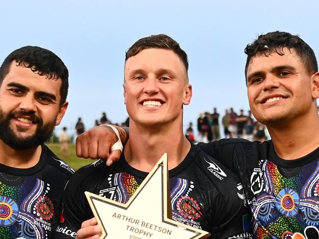 ROTORUA, NEW ZEALAND - FEBRUARY 11: Shaquai Mitchell, Jack Wighton and Latrell Mitchell of the Indigenous All Stars celebrate victory during the 2023 NRL All Stars match between Indigenous All Stars and Maori All Stars at Rotorua International Stadium on February 11, 2023 in Rotorua, New Zealand. (Photo by Hannah Peters/Getty Images)