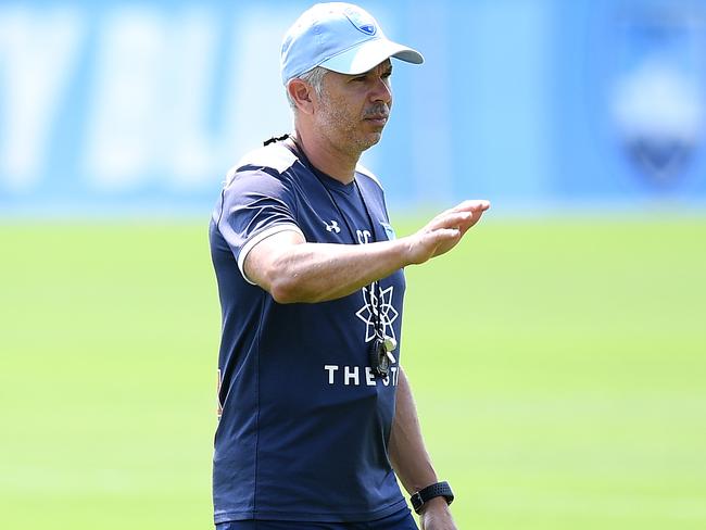 Steve Corica of Sydney FC looks on during a training session at Macquarie Park Sports Fields in Sydney, Friday, December 27, 2019. Sydney FC play Melbourne City on Sunday. (AAP Image/Dan Himbrechts) NO ARCHIVING