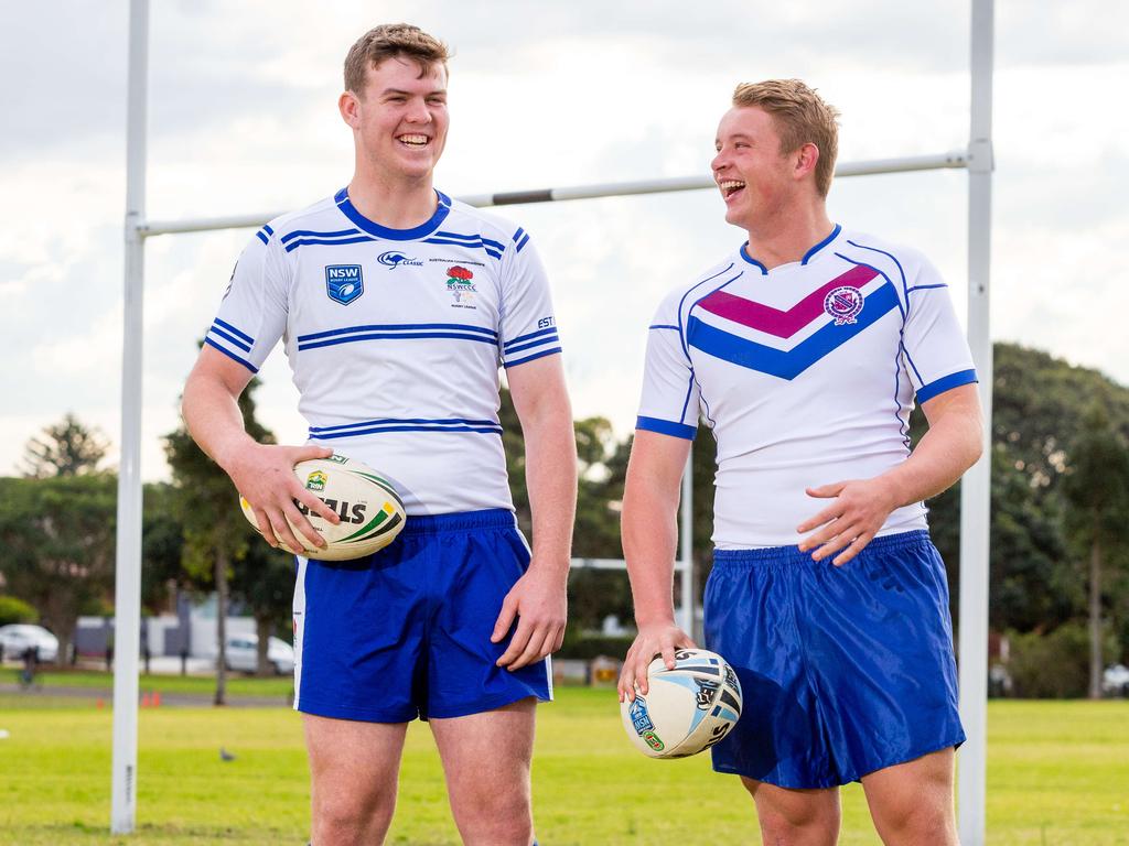 SOUTHER COURIER/AAP Marcellin College students Thomas Giles and Lachlan Gale at Heffron Park in Maroubra, NSW. Saturday 27th July 2019. The boys have been selected in the 2019 Australian Schoolboys 18s Rugby League Team.  (AAP IMAGE/Jordan Shields)