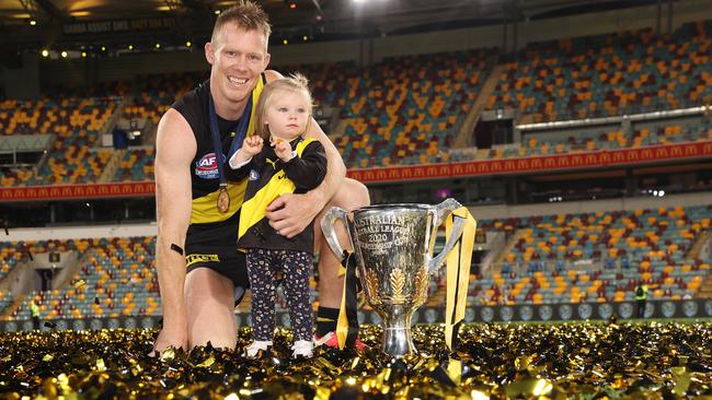 Jack Riewoldt and daughter Poppy after the 2020 premiership win. Picture: Michael Klein.