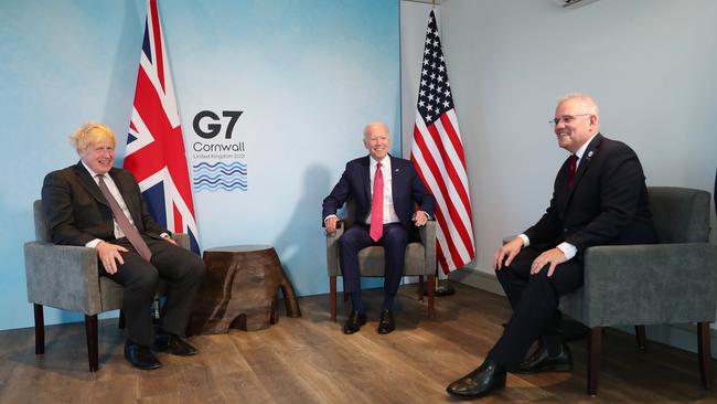 UK Prime Minister Boris Johnson, US President Joe Biden and Australian Prime Minister Scott Morrison meet during the G7 Summit at Carbis Bay, Cornwall. Picture: Adam Taylor/PMO