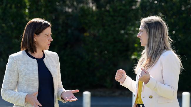 LNP Leader Deb Frecklington and LNP Member for Currumbin Laura Gerber hold a media conference after visiting Currumbin businesses. Picture: Lawrence Pinder