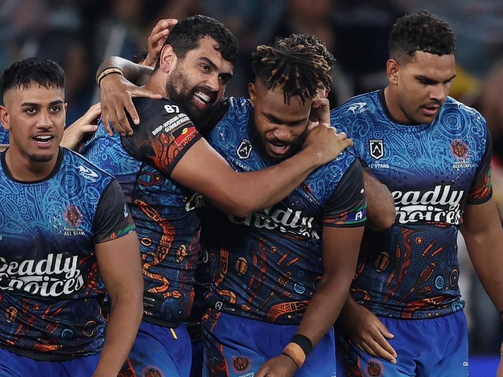 Shaquai Mitchell celebrates his try. Picture: Getty Images