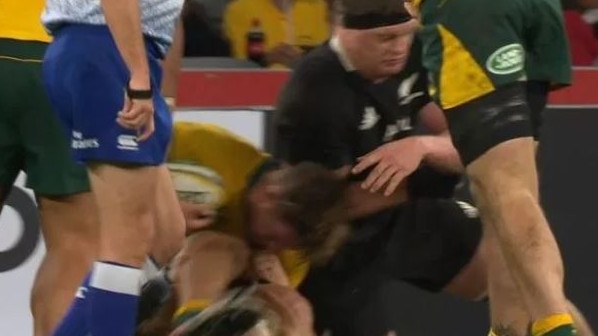 Sucked right in. Scott Barrett shoulder charges Michael Hooper and gets an early shower in Perth on Saturday night/