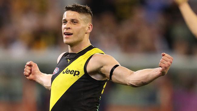 AFL. Second Preliminary Final. 20/09/2019. Richmond v Geelong at the MCG.   Richmonds Dion Prestia  celebrates a goal in the 4th qtr    . Pic: Michael Klein.