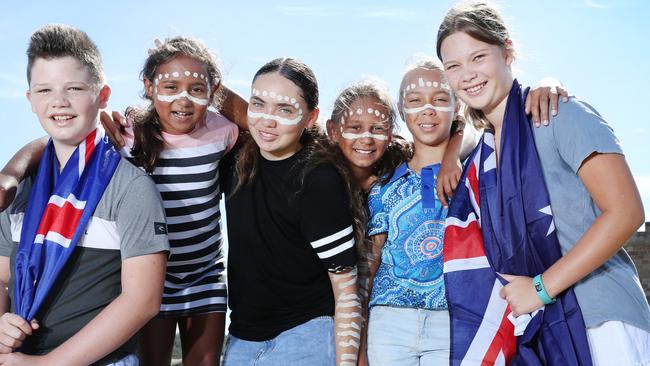 Pictured at La Perouse ahead of Australia Day is (L-R) William Hyde, Gianna Singh , Tahlia Brown Sait, Zara Singh, Latarley Brown Yeo and Charlotte Hyde. Picture: Richard Dobson