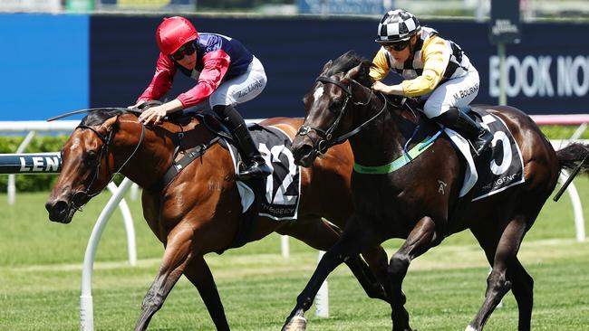 Zac Lloyd (inside) wins on debutant Open Secret for trainer John Thompson. Picture: Jeremy Ng/Getty Images