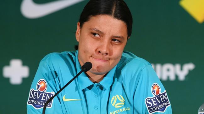 BRISBANE, AUSTRALIA - JULY 29: Sam Kerr of Australia speaks to the media during an Australian Matildas media opportunity in the FIFA Women's World Cup Australia &amp; New Zealand 2023 at Queensland Sport and Athletics Centre on July 29, 2023 in Brisbane, Australia. (Photo by Bradley Kanaris/Getty Images)