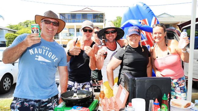 Elanora locals Jamie McKay, Tim Fisher, Troy Rodway, Lee Jordan, Claire Jordan and Claire McKay were Celebrating Australia Day at Tallebudgera Creek. Photo: Scott Powick.