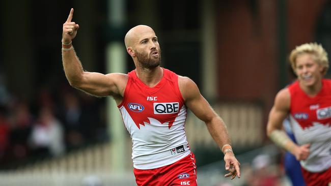 Sydney's Jarrad McVeigh celebrates a goal. Picture: Phil Hillyard