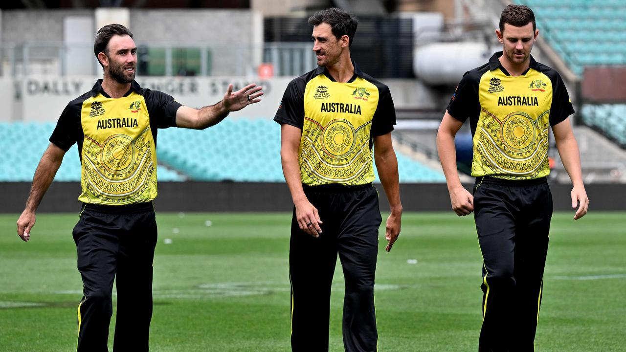 Australian cricket players Mitchell Starc, Josh Hazlewood and Glenn Maxwell. Photo by Saeed Khan / AFP