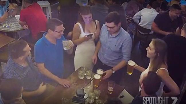 Screen grabs from Seven's Spotlight program of CCT footage showing Brittany Higgins and Bruce Lehrmann together at a bar, The Dock. Picture: 7 Spotlight.