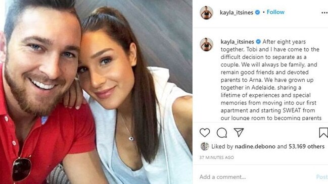 Kayla Itsines and Tobi Pearce announced their split on Instagram.