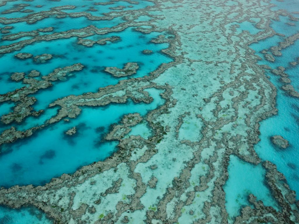 An aerial image of the outer Great Barrier Reef off the Whitsundays.