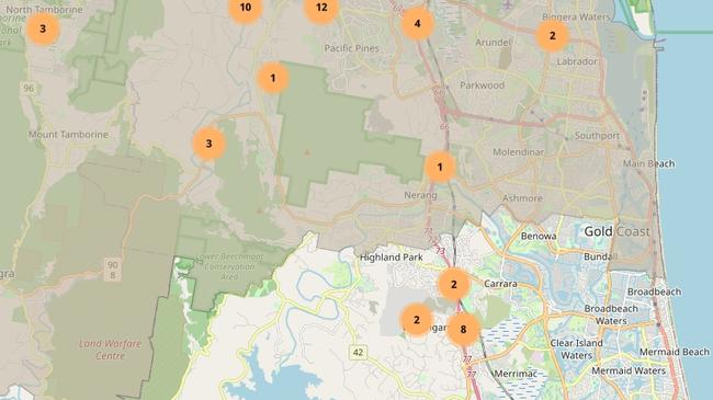 New mapping which shows sites confirmed for fire ants across the northern Gold Coast suburbs.