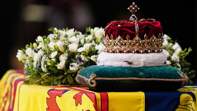 The Crown of Scotland sits atop the coffin of Queen Elizabeth II inside St Giles Cathedral in Edinburgh on Tuesday (AEST). Picture: AFP