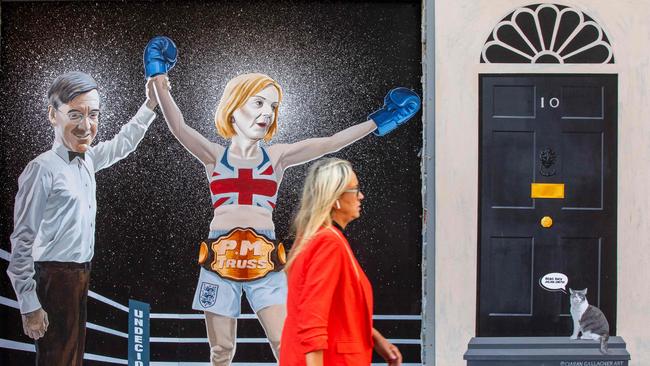 A mural in Belfast’s city centre accurately predicted Liz Truss’s ascension to the highest office in England. Now she needs to succeed in government. Picture: AFP